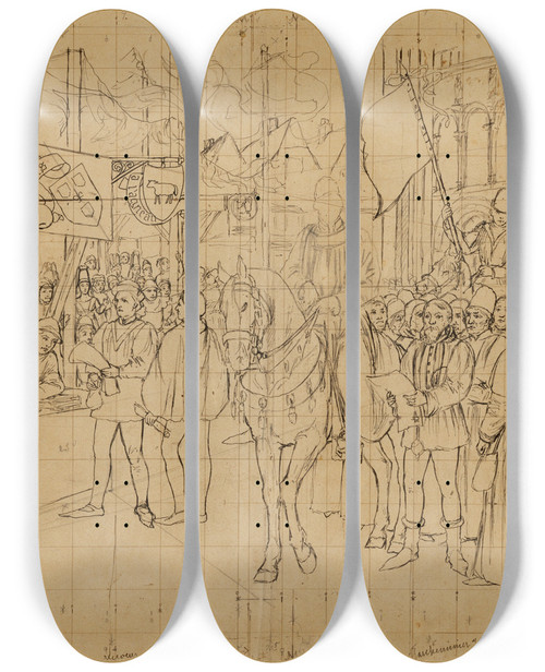 Triptych art skateboard deck of Jean Joseph Weerts La Fte Du Lendit_3 by Jean Joseph Weerts (1847-1927)