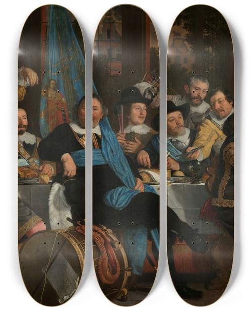 Triptych art skateboard deck of Bartholomeus Van Der Helst Banquet At The Crossbowmens Guild In Celebration Of The Treaty Of Mnster by Bartholomeus van der Helst (1613-1670)