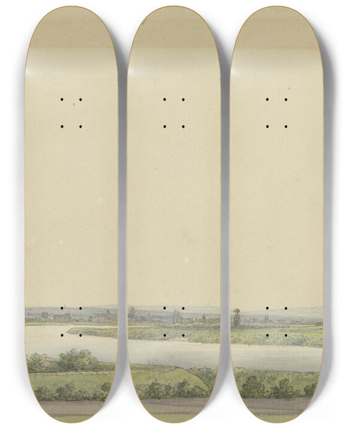 Triptych art skateboard deck of Carl Morgenstern View From Rsselsheim Across The Main To Mainz And Hochheim May 17 by Carl Morgenstern (1811-1893)