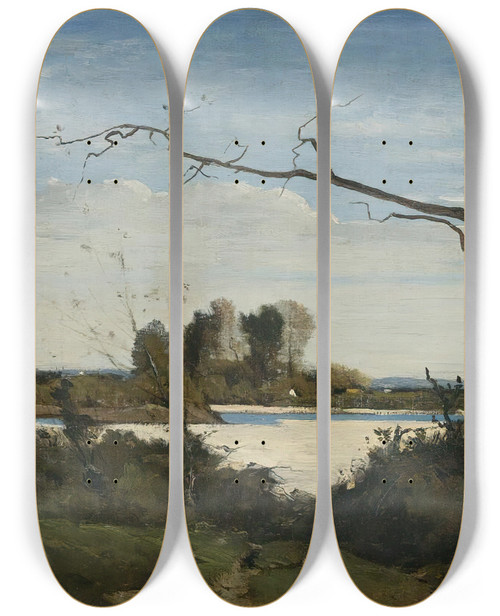Triptych art skateboard deck of Henrijoseph Harpignies Bords De La Loire Study For Les Corbeaux Paysage by Henri Joseph Harpignies (1819-1916)