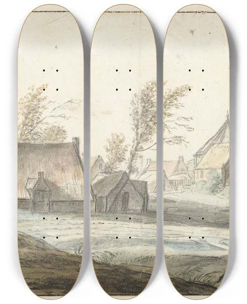 Triptych art skateboard deck of Antonie Waterloo Gezicht Op Het Dorp Soest by Antonie Waterloo (1609-1690)