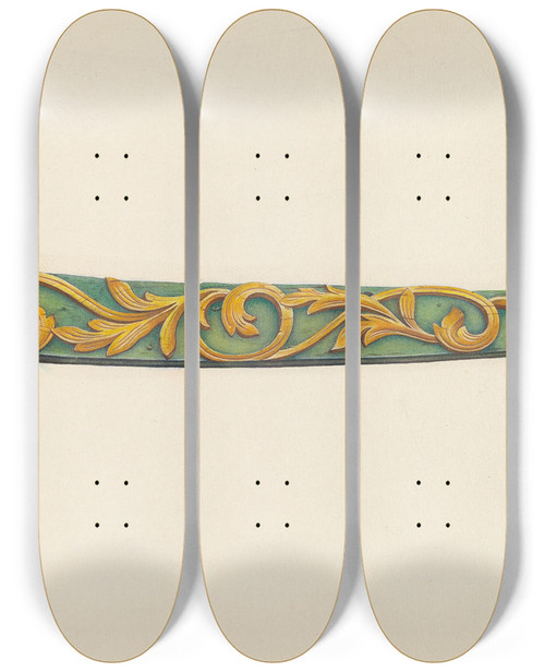 Triptych art skateboard deck of Beatrice Dekalb Woodcarving From Ships Bow by Beatrice Dekalb