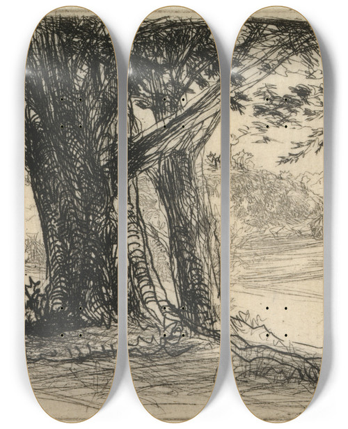 Triptych art skateboard deck of Francis Seymour Haden The Holly Field by Francis Seymour Haden (1818-1910)