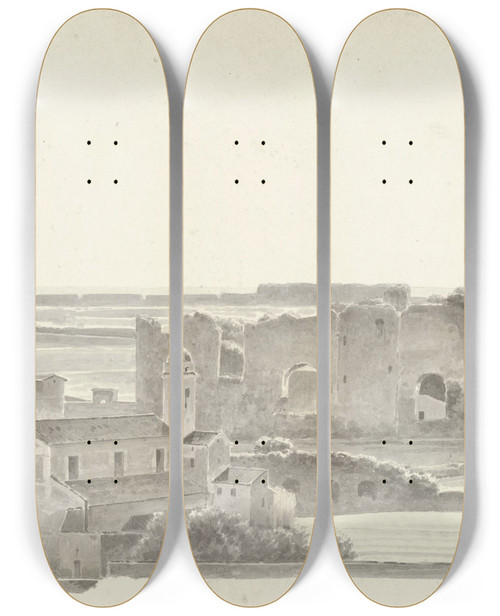 Triptych art skateboard deck of Josephus Augustus Knip The Baths Of Caracalla And Two Capitals From The Villa Mattei In Rome by Josephus Augustus Knip (1777-1847)