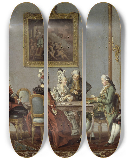 Triptych art skateboard deck of Pehr Hillestrm Gustavian Style Interior With Cardplayers by Pehr Hillestrom (1732-1816)