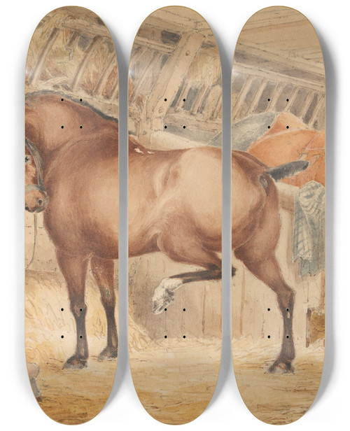 Triptych art skateboard deck of Charles Cooper Henderson Interior Of A Posthouse Stable With Horses Feeding by Charles Cooper Henderson (1803-1877)