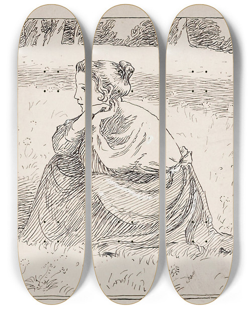 Triptych art skateboard deck of Venny Soldanbrofeldt Mother And Small Child In A Meadow Next To Wooden Subjects by Venny Soldan-Brofeldt (1863-1945)