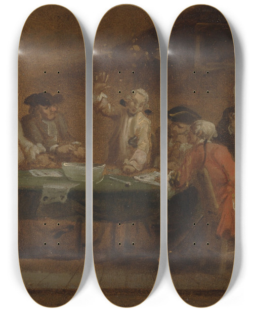 Triptych art skateboard deck of Joseph Highmore Figures In A Tavern Or Coffee House by Joseph Highmore (1692-1780)