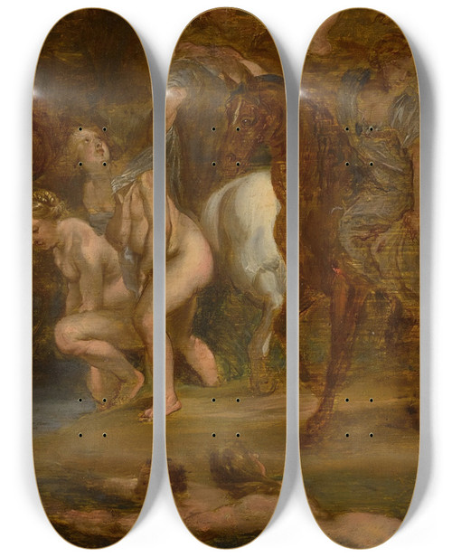 Triptych art skateboard deck of Follower Of Peter Paul Rubens The Flight Of Cloelia by Follower Of Peter Paul Rubens (1577-1640)