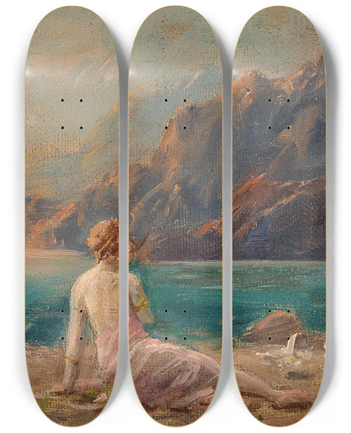 Triptych art skateboard deck of Hans Zatzka Women On The Lakeside by Hans Zatzka (1859-1945)