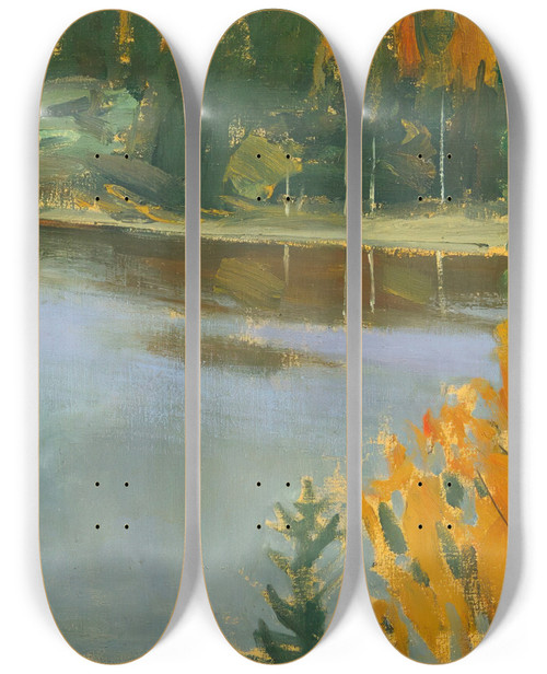 Triptych art skateboard deck of Akseli Gallenkallela Lake View In Autumn by Akseli Gallen Kallela (1865-1931)