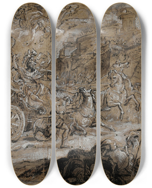 Triptych art skateboard deck of Joseph Parrocel Achilles Dragging The Body Of Hector by Joseph Parrocel (1646-1704)