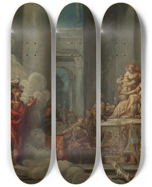 Triptych art skateboard deck of Jean Bernard Restout The Arrival Of Aeneas In Carthage by Jean Bernard Restout (1732-1797)