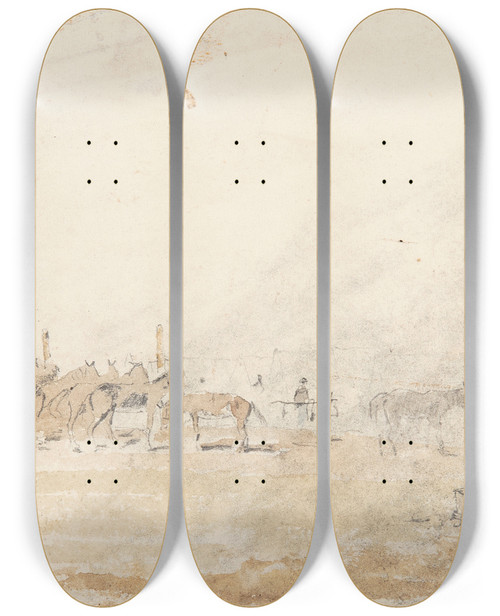 Triptych art skateboard deck of Winslow Homer Army Encampment by Winslow Homer (1836-1910)