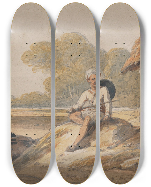Triptych art skateboard deck of George Chinnery Bengal Landscape With A Soldier And A Distant Shrine by George Chinnery (1774-1852)