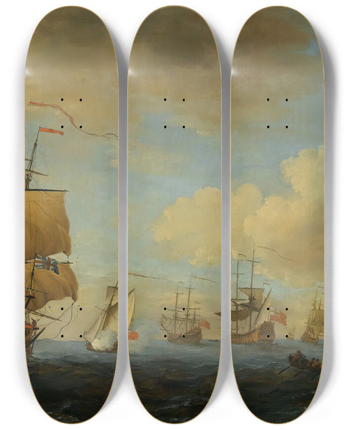 Triptych art skateboard deck of John Cleveley The Elder An English Frigate Under Sail Firing A Gun With Shipping At Anchor And Under Sail by John Cleveley the elder (1712-1777)