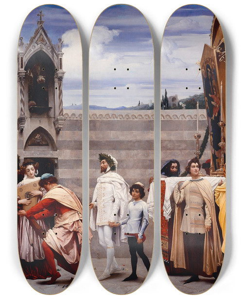 Triptych art skateboard deck of Frederic Leighton Cimabues Madonna Carried In Procession by Frederic Leighton (1830-1896)