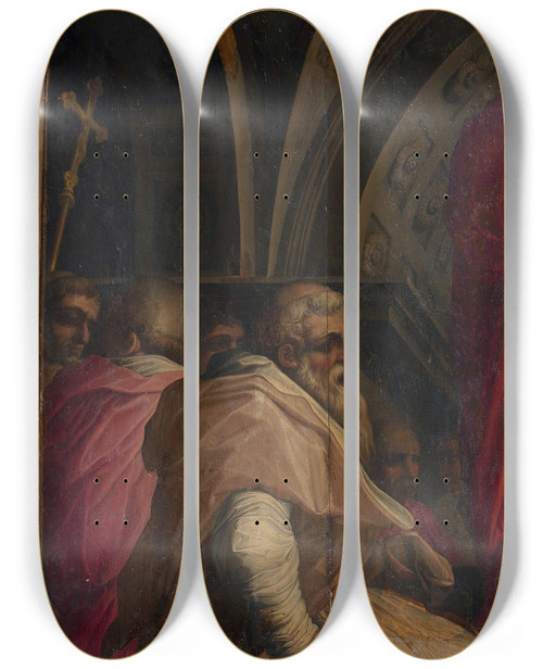Triptych art skateboard deck of Giorgio Vasari Clemente Iv Hands His Insigna To The Captains Of The Guelph Part by Giorgio Vasari (1511-1574)
