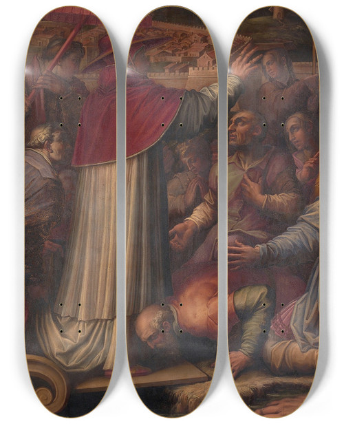 Triptych art skateboard deck of Giorgio Vasari Eugenio Iv Disembarks At Leghorn To Take Refuge In Florence by Giorgio Vasari (1511-1574)