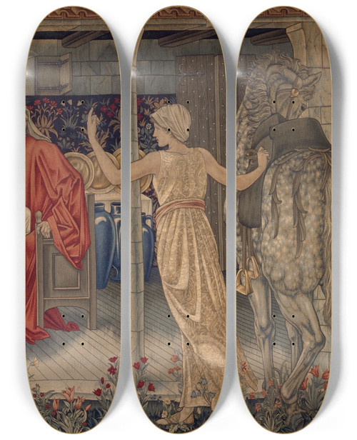 Triptych art skateboard deck of Sir Edward Coley Burnejones Knights Of The Round Table Summoned To The Quest By The Strange Damsel by Sir Edward Coley Burne-Jones (1833-1898)