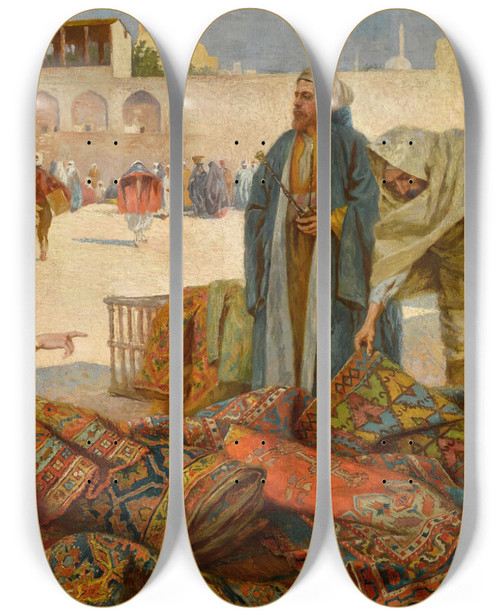 Triptych art skateboard deck of Francesco Ballesio The Carpet Merchant_2 by Francesco Ballesio (1860-1923)