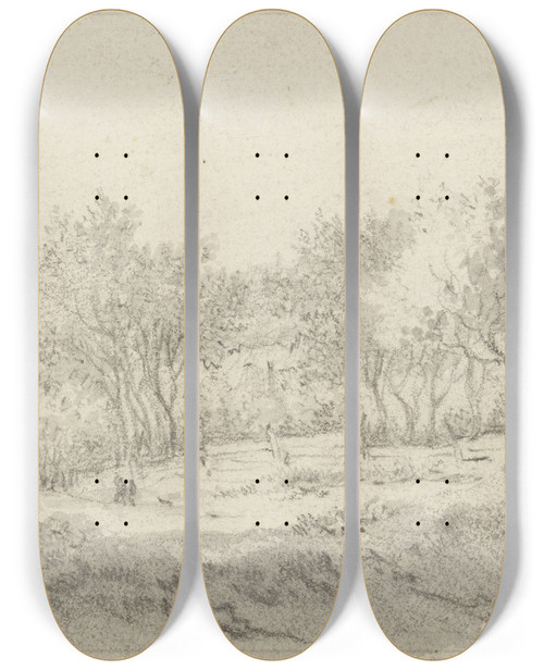 Triptych art skateboard deck of Jacob Van Ruisdael Small Section Of A Tree With A Fence by Jacob Van Ruisdael (1628-1682)