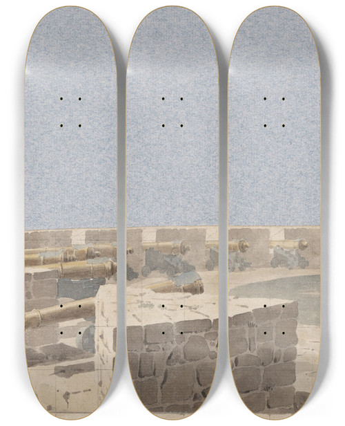Triptych art skateboard deck of Michael Angelo Rooker Study For A Stage Set A Fortress With Cannon And Buildings by Michael Angelo Rooker (1746-1801)