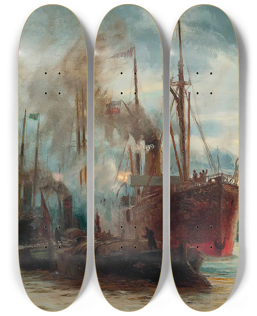 Triptych art skateboard deck of Charles William Wyllie Congested Waters On The Thames by Charles William Wyllie (1859-1923)