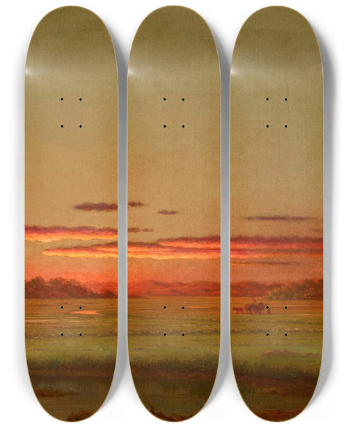 Triptych art skateboard deck of Martin Johnson Heade Sunset Haywagon In The Distance by Martin Johnson Heade (1819-1904)