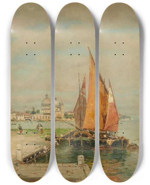 Triptych art skateboard deck of Antonio Mara De Reyna Manescau A View Of La Giudecca Venice by Antonio Maria De Reyna Manescau (1859-1937)