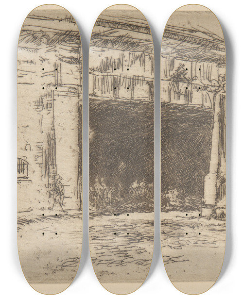 Triptych art skateboard deck of James Abbott Mcneill Whistler Railway Arch by James Abbott Mcneill Whistler (1834-1903)