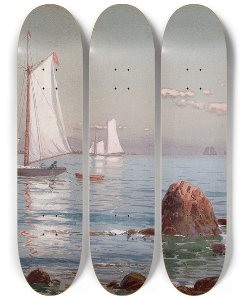Triptych art skateboard deck of Alfred Thompson Bricher Narragansett Bay by Alfred Thompson Bricher (1837-1908)