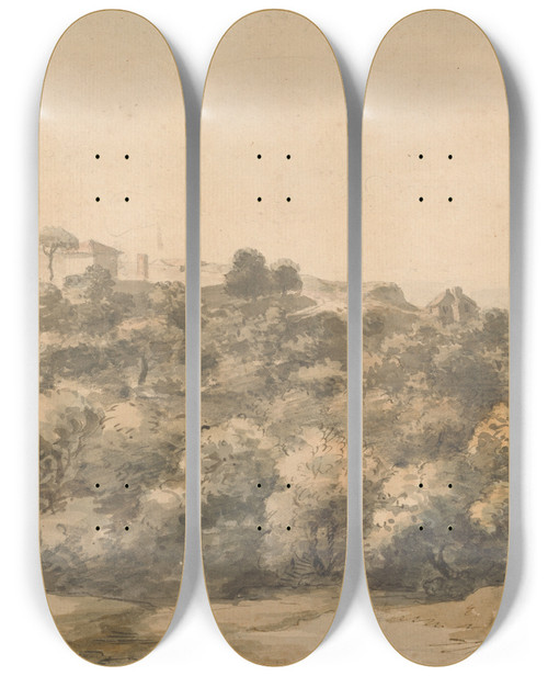 Triptych art skateboard deck of William Taverner An Italian Landscape Village On A Hill Left Hillside Sloping Towards Right With Distant Valley Beyond by William Taverner (1700-1772)