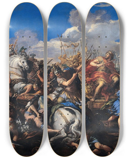 Triptych art skateboard deck of Pietro Da Cortona Battle Of Alexander Versus Darius by Pietro da Cortona (1596-1669)