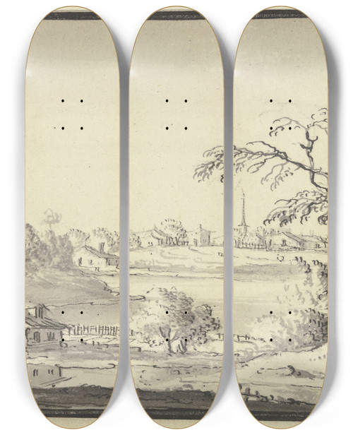 Triptych art skateboard deck of Johann Ludwig Aberli Landschaft Mit Einem Flu by Johann Ludwig Aberli (1723-1786)