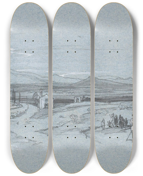 Triptych art skateboard deck of Edward Lear View Near Monto Rotondo Italy by Edward Lear (1812-1888)