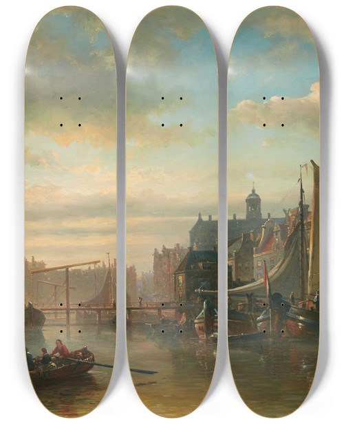 Triptych art skateboard deck of Elias Pieter Van Brommel A View Of Amsterdam by Elias Pieter Van Bommel