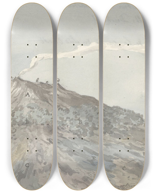 Triptych art skateboard deck of Willem Carel Dierkens Gezicht Op De Etna Gezien Vanuit Het Zuidwesten by Willem Carel Dierkens (1753-1778)