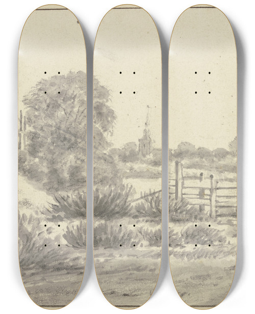Triptych art skateboard deck of Cornelis Saftleven Landschaft Mit Zaun Hirte Mit Hund Links Zwei Ziegen by Cornelis Saftleven (1607-1681)