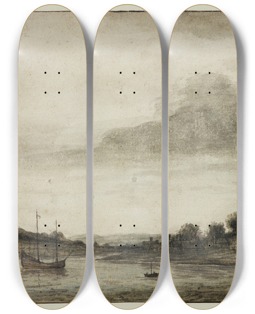 Triptych art skateboard deck of Lambert Doomer View Of Cowes Harbour Isle Of Wight by Lambert Doomer (1623-1700)
