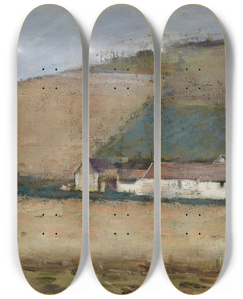 Triptych art skateboard deck of Theodore Robinson Farm Among Hills Giverny by Theodore Robinson (1852-1896)