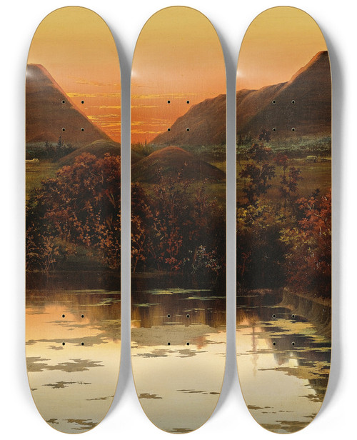 Triptych art skateboard deck of Ygnacio Alcrreca Y Comonfort Atardecercon Pirmides by Ygnacio Alcerreca Y Comonfort (1869-1939)