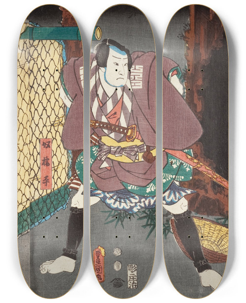 Triptych art skateboard deck of Utagawa Kunisada Toyokuni Iii Actors In The Roles Of Yoshida No Matsuwaka Tomo Hitachinosuke And Yakko Kajihira by Utagawa Kunisada (Toyokuni III) (1786-1865)