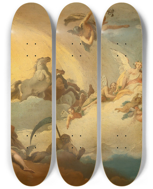 Triptych art skateboard deck of Costantino Cedini Aurora With Apollo Driving The Sun Chariot by Costantino Cedini (1741-1811)