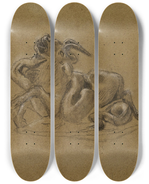 Triptych art skateboard deck of Antoinelouis Barye Python Et Gnou by Antoine-Louis Barye (1796-1875)