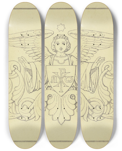 Triptych art skateboard deck of Ferdinand Fellner Buchschmuck Finale Mit Engel Harlekin Und Drachen by Ferdinand Fellner (1799-1859)