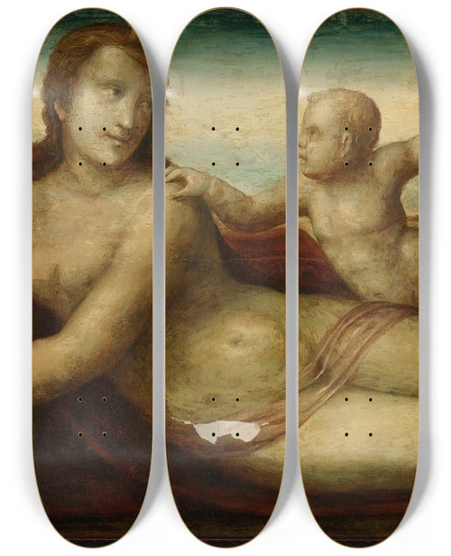Triptych art skateboard deck of Bartolomeo Neroni Reclining Venus With Two Amorini by Bartolomeo Neroni (1505-1571)
