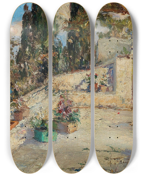 Triptych art skateboard deck of Leontine Von Littrow View From A Terrace by Leontine Von Littrow (1860-1914)