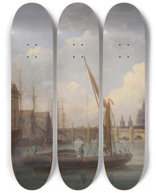 Triptych art skateboard deck of William Anderson London Bridge With St Pauls Cathedral In The Distance by William Anderson (1757-1837)
