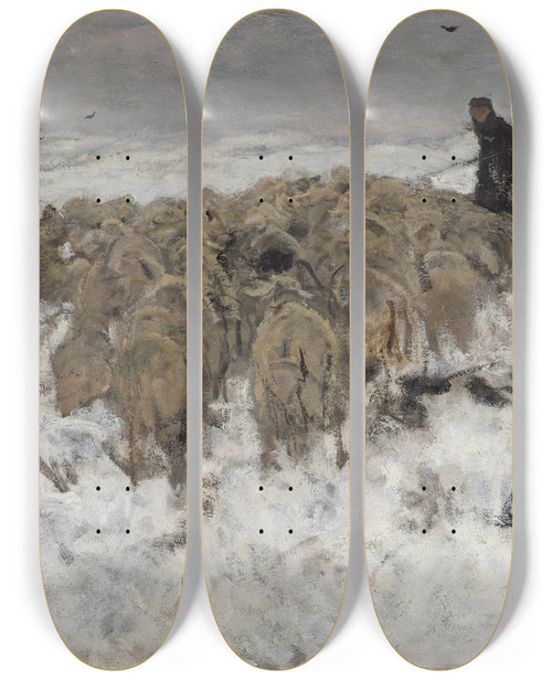 Triptych art skateboard deck of Anton Mauve Flock Of Sheep With Shepherd In The Snow by Anton Mauve (1838-1888)